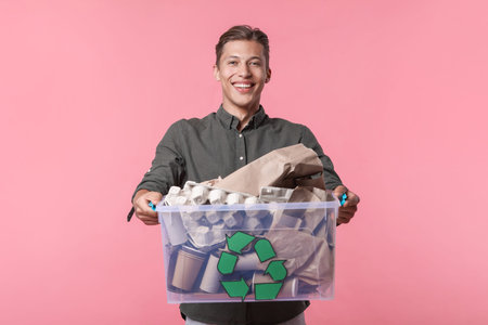 Recycling. Smiling man holding plastic box with different waste paper on pink backgroundの写真素材