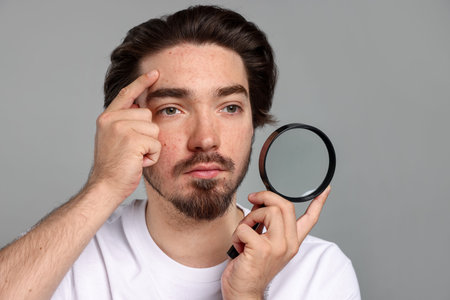Young man with acne problem holding magnifying glass near his face on light gray backgroundの写真素材