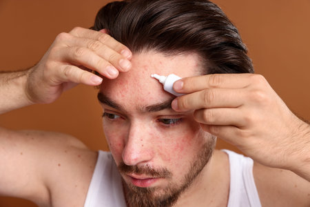 Young man with acne problem applying cream onto his face on brown background, closeup