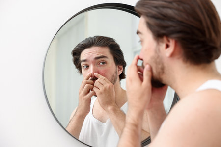 Young man with acne problem near mirror at homeの写真素材