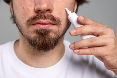 Young man with acne problem applying cream onto his face on light gray background, closeupの写真素材