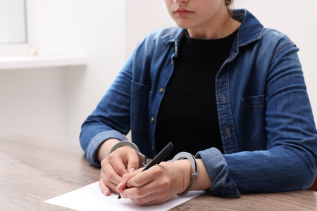 Woman in metal handcuffs writing something at wooden table indoors, closeupの写真素材