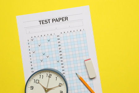 Answer sheet, alarm clock, pencil and eraser on yellow background, flat lay. Student passing examの写真素材