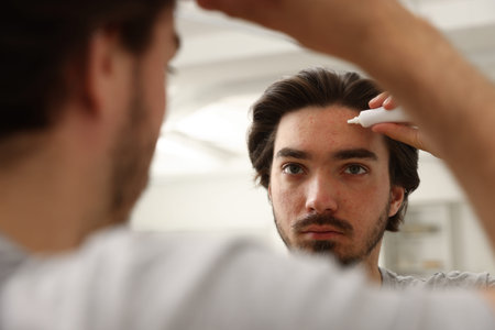 Young man with acne problem applying cream onto his face near mirror at home