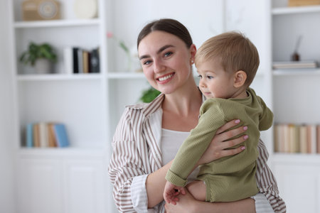 Mother with her cute little baby at home, space for textの写真素材
