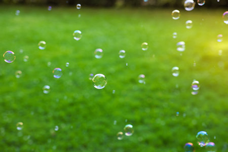 Beautiful transparent soap bubbles floating in parkの写真素材
