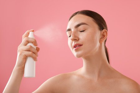 Beautiful woman spraying thermal water onto her face on pink backgroundの写真素材