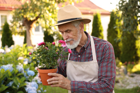 Elderly man in hat and apron with beautiful potted roses in gardenの写真素材