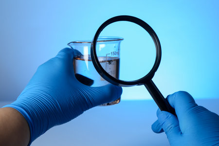 Scientist with magnifying glass and sample of water on light blue background, closeupの写真素材