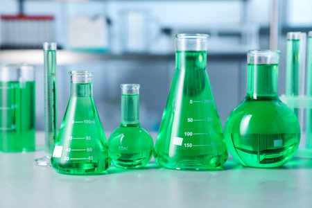 Different laboratory glassware with green liquid on light table indoorsの写真素材
