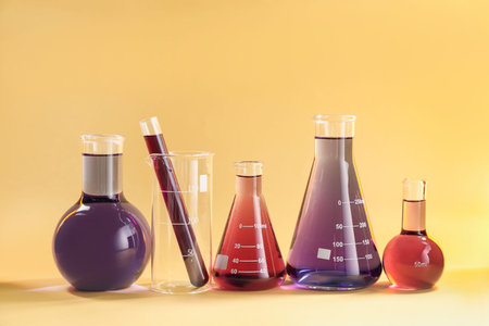 Laboratory glassware with colorful liquids on beige background
