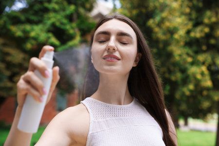 Smiling woman spraying thermal water from bottle outdoors