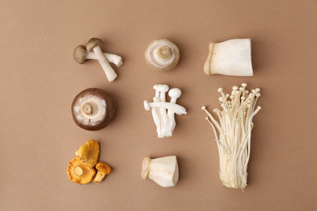 Different raw mushrooms on beige background, flat layの写真素材