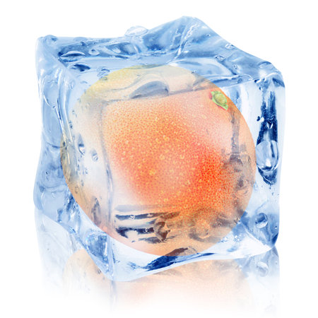 Fresh grapefruit inside ice cube on white backgroundの写真素材