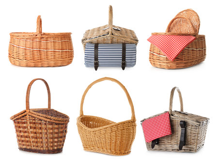 Wicker picnic baskets isolated on white, setの写真素材
