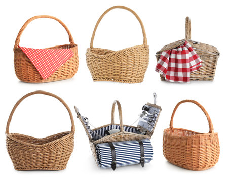Wicker picnic baskets isolated on white, setの写真素材