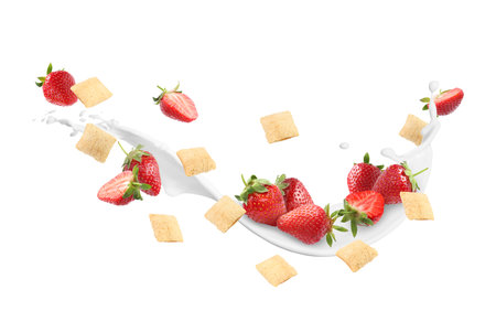 Splashing milk with sweet corn pads and fresh strawberries in air against white background. Healthy breakfastの写真素材