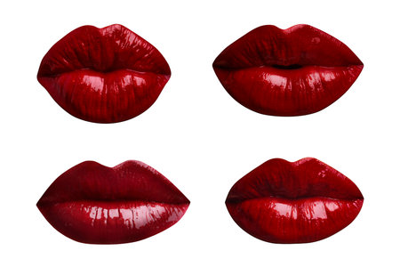 Female lips with dark red lipstick isolated on white, collageの写真素材