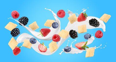 Splashing milk with sweet corn pads and fresh berries in air against light blue background. Healthy...
