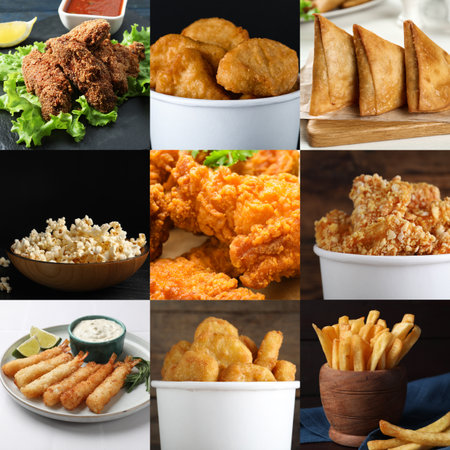 Collection of different foods with crispy texture, collageの写真素材