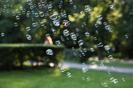 Beautiful transparent soap bubbles floating in park