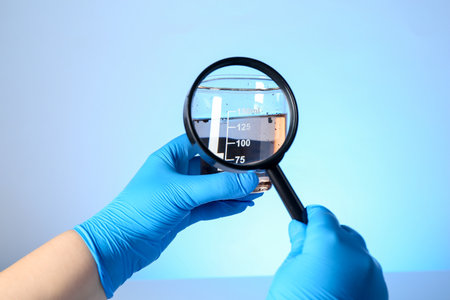 Scientist with magnifying glass and sample of water on light blue background, closeupの写真素材