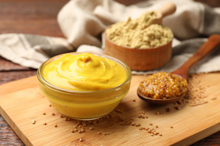 Different types of mustard on table, closeupの写真素材