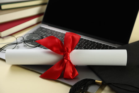 Graduation cap, laptop, diploma and glasses on beige background, closeupの写真素材