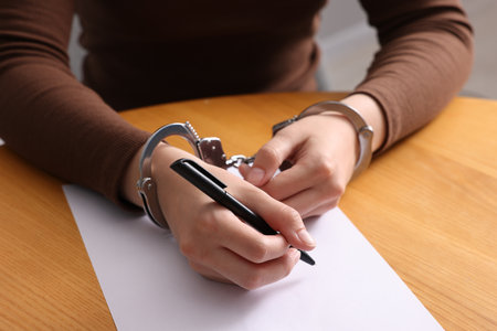 Woman in metal handcuffs writing something at wooden table against gray background, closeupの写真素材