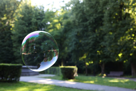 Beautiful transparent soap bubble floating in park, space for text
