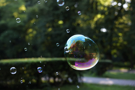 Beautiful transparent soap bubbles floating in park