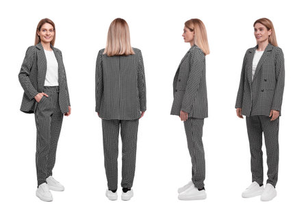 Beautiful woman in stylish suit on white background, collage. View from different sides