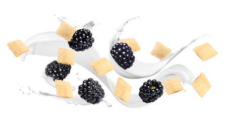Splashing milk with sweet corn pads and fresh blackberries in air against white background. Healthy breakfastの写真素材