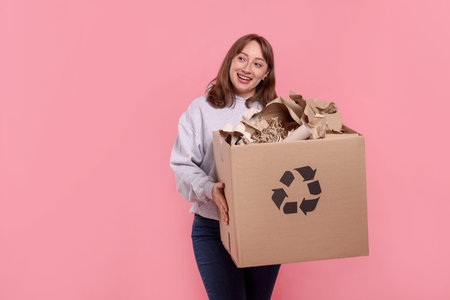Recycling. Smiling woman holding cardboard box with different paper waste on pink backgroundの写真素材