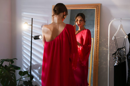 Beautiful woman applying makeup while getting ready near mirror indoorsの写真素材
