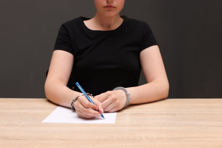 Woman in metal handcuffs writing something at wooden table against gray background, closeup