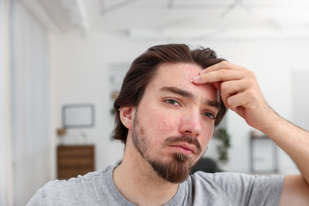 Young man with acne problem at homeの写真素材