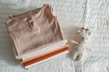 Stack of clean baby clothes and toy on bed, flat lay