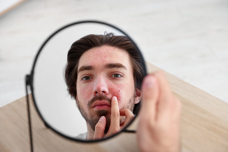 Young man with acne problem looking at mirror at table indoors