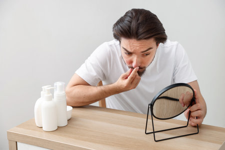 Young man with acne problem looking at mirror at table indoorsの写真素材