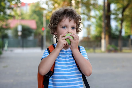 Cute little boy eating apple outdoors. School lunchの写真素材