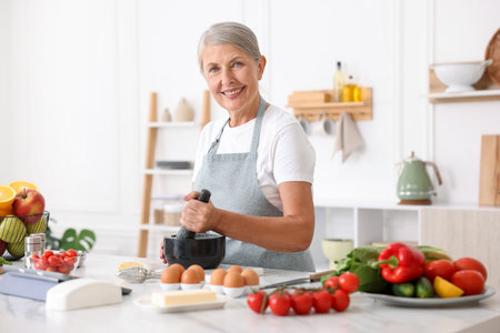 Senior woman cooking at white marble table in kitchenの写真素材