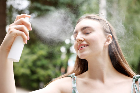 Smiling woman spraying thermal water onto her face outdoorsの写真素材