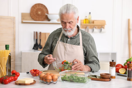 Elderly man cooking salad at white marble table in kitchenの写真素材