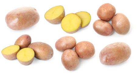 Fresh raw potatoes isolated on white, collage. Whole and cutの写真素材