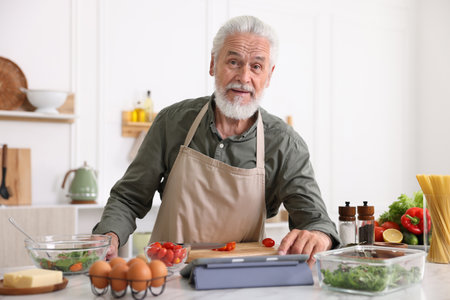 Elderly man using tablet while cooking at white marble table in kitchenの写真素材