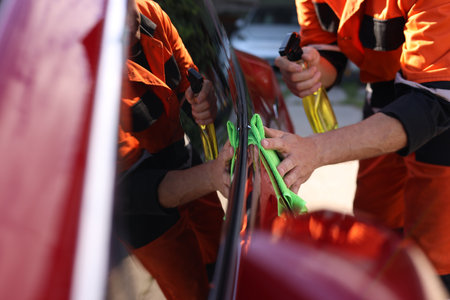 Man wiping car with green microfiber rag outdoors, closeupの写真素材