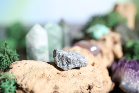 Healing stones and green moss on wood, closeupの写真素材