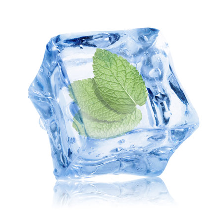 Fresh mint leaves inside clear ice cube on white backgroundの写真素材