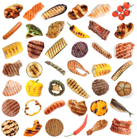 Grilled vegetables, fish and meat isolated on white, collageの写真素材